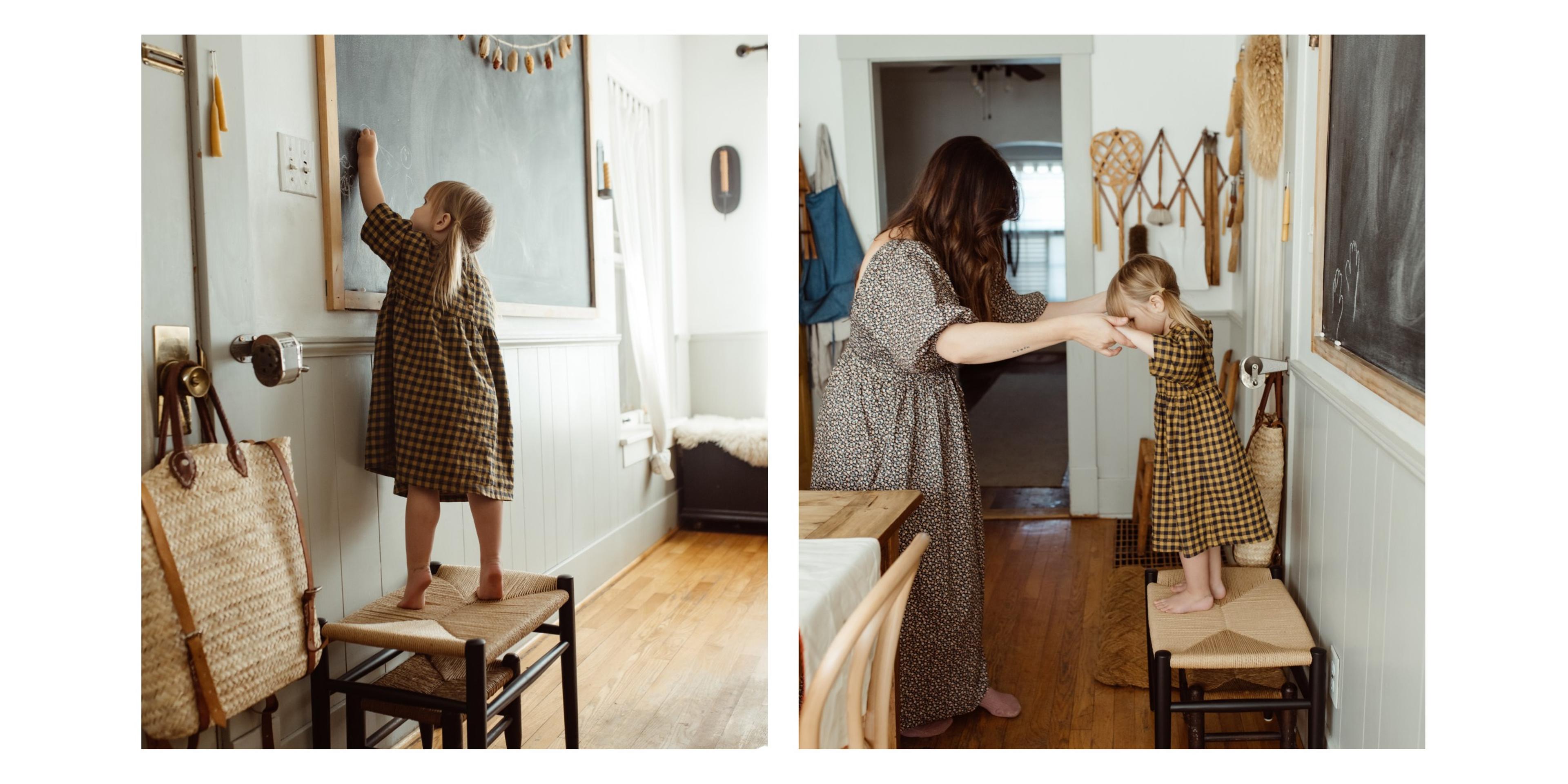 Farmhouse kitchen with wooden table, blackboard and butterscotch clock