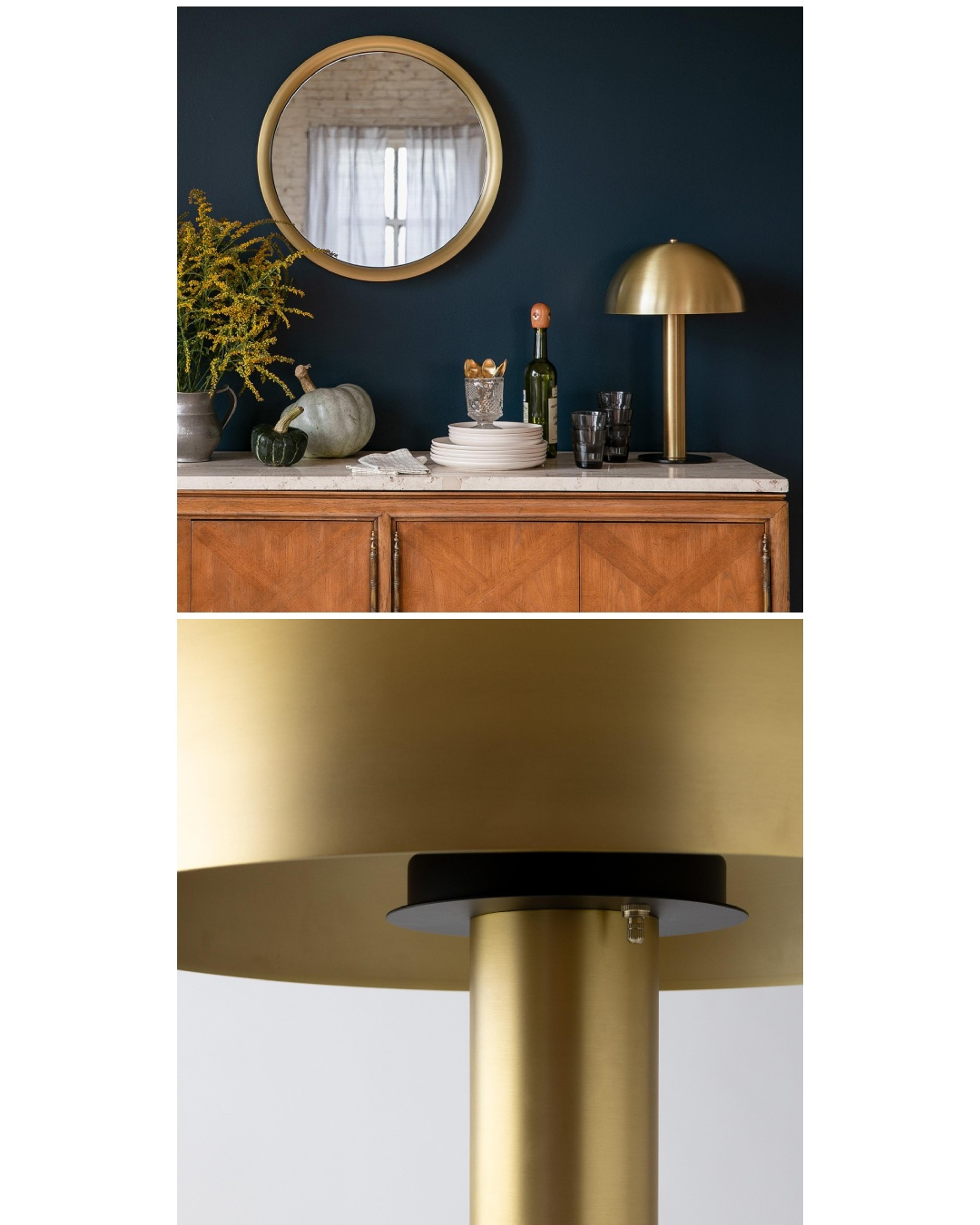 Brass mushroom lamp on marble top sideboard