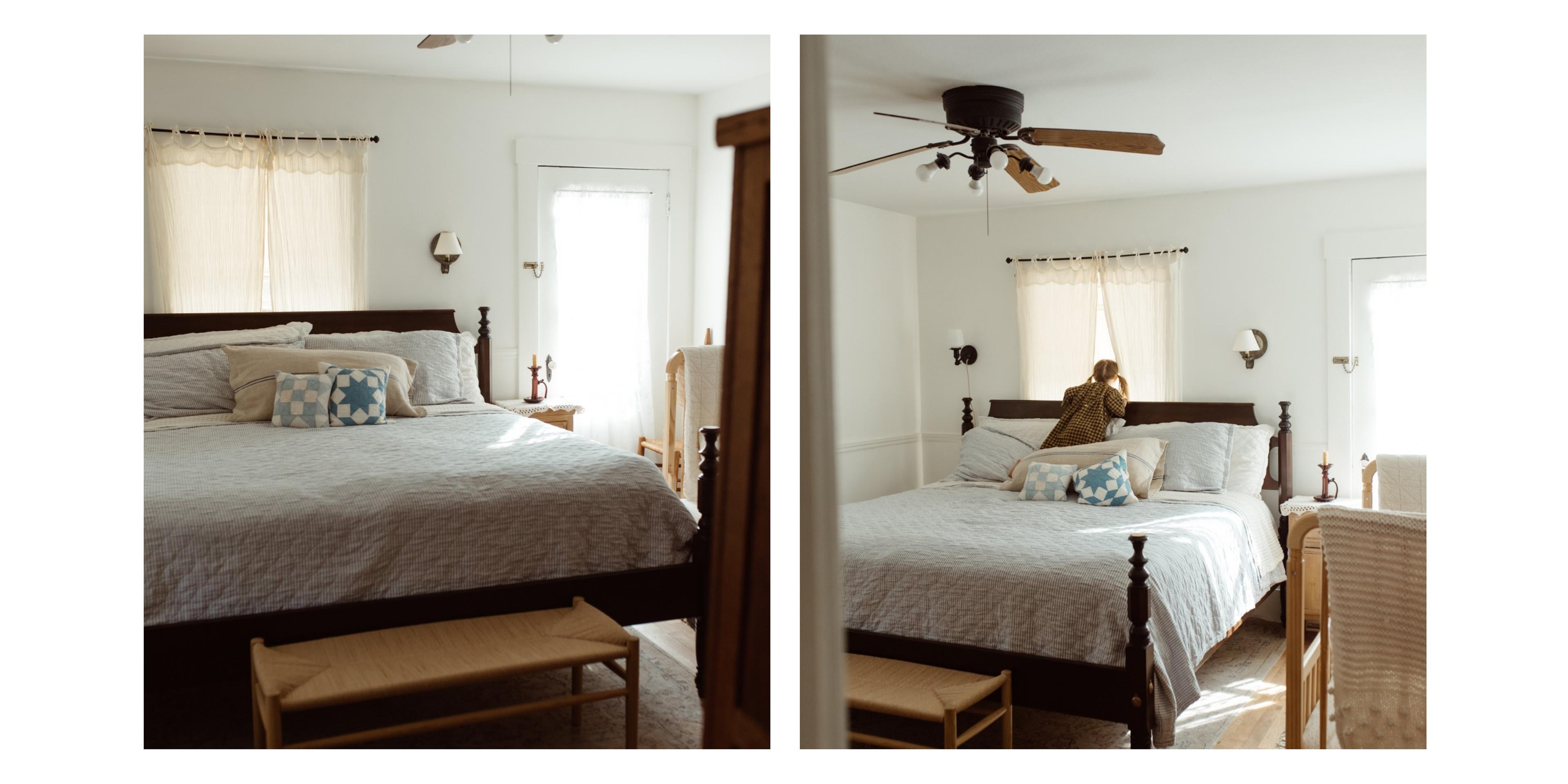 Oak bed with striped quilt 