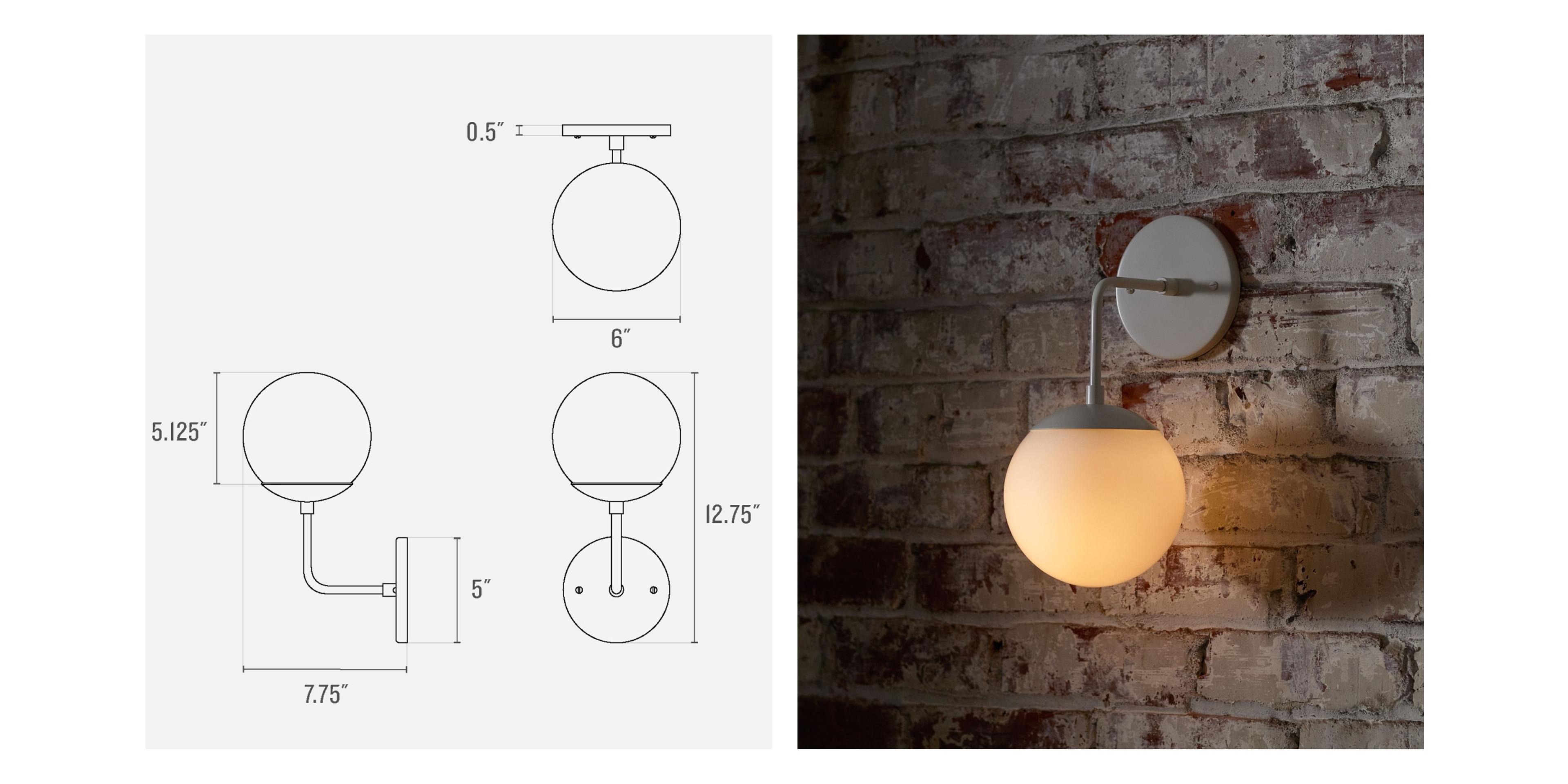 L-Sconce with globe shade measurements side by side product image