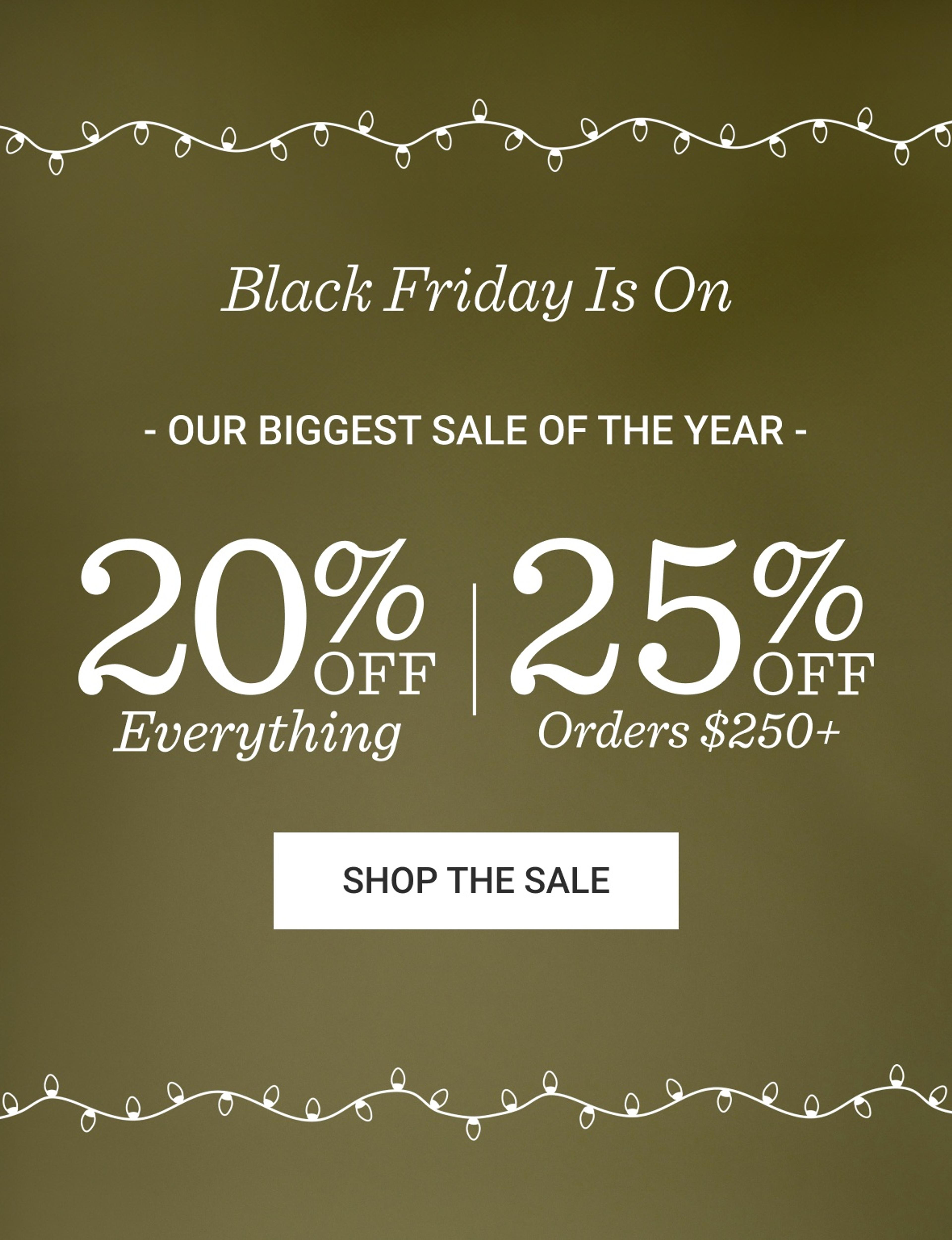 Black Friday Sale: 20% off everything and 25% Off orders $250 or more