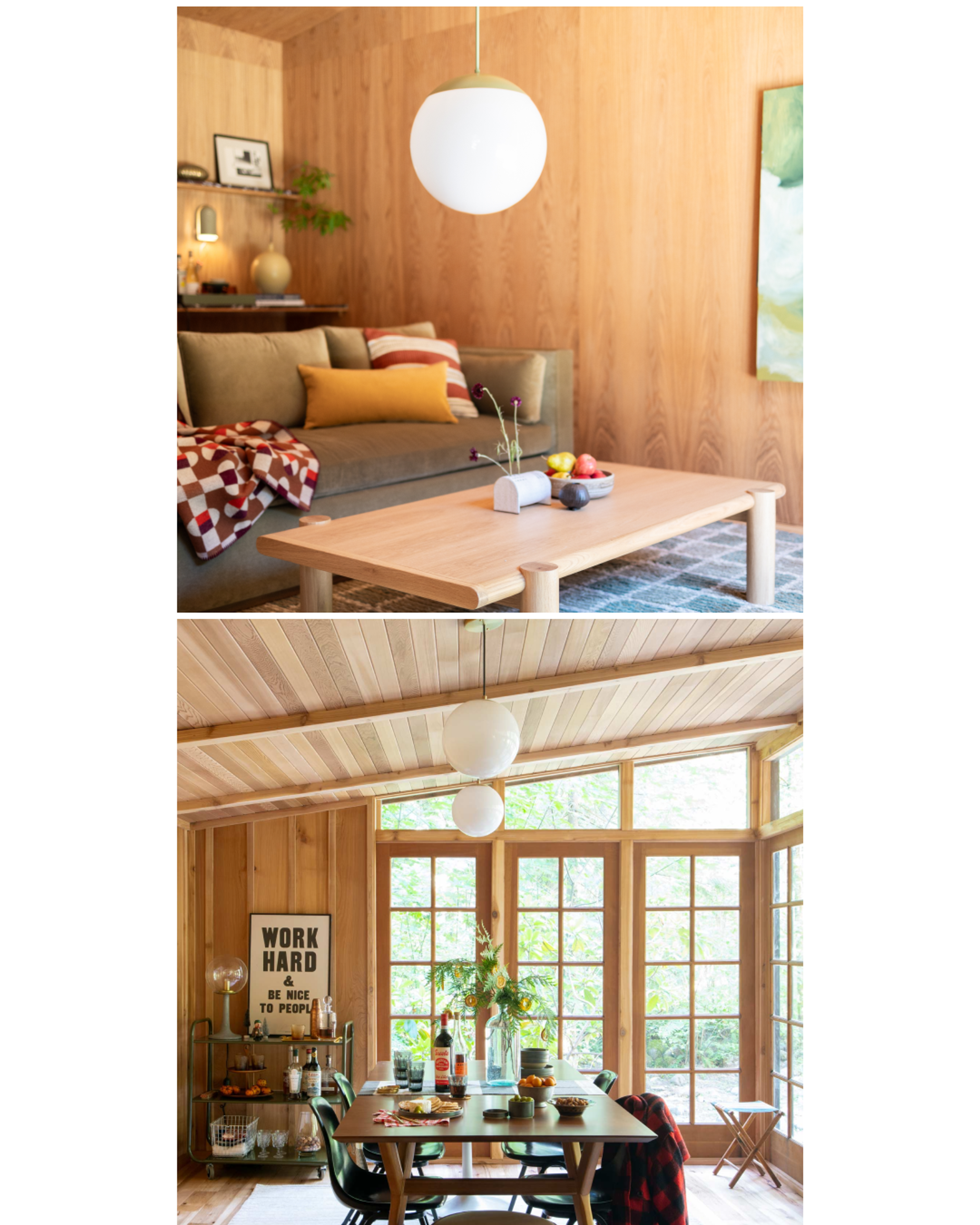 Wooden living room and dining room with natural brass pendant with glass globe shade 