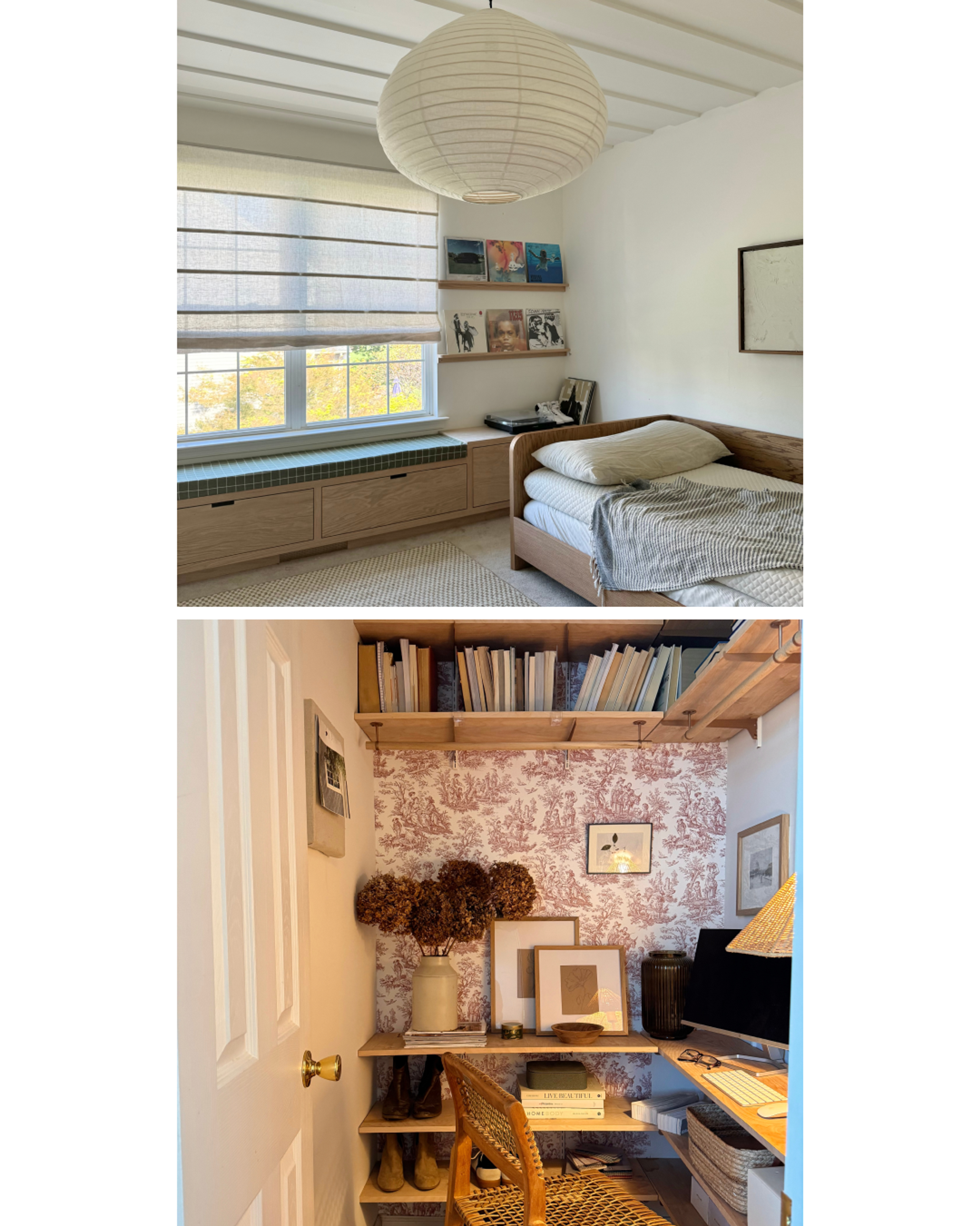 white bedroom with paper globe pendant and office nook with wallpaper