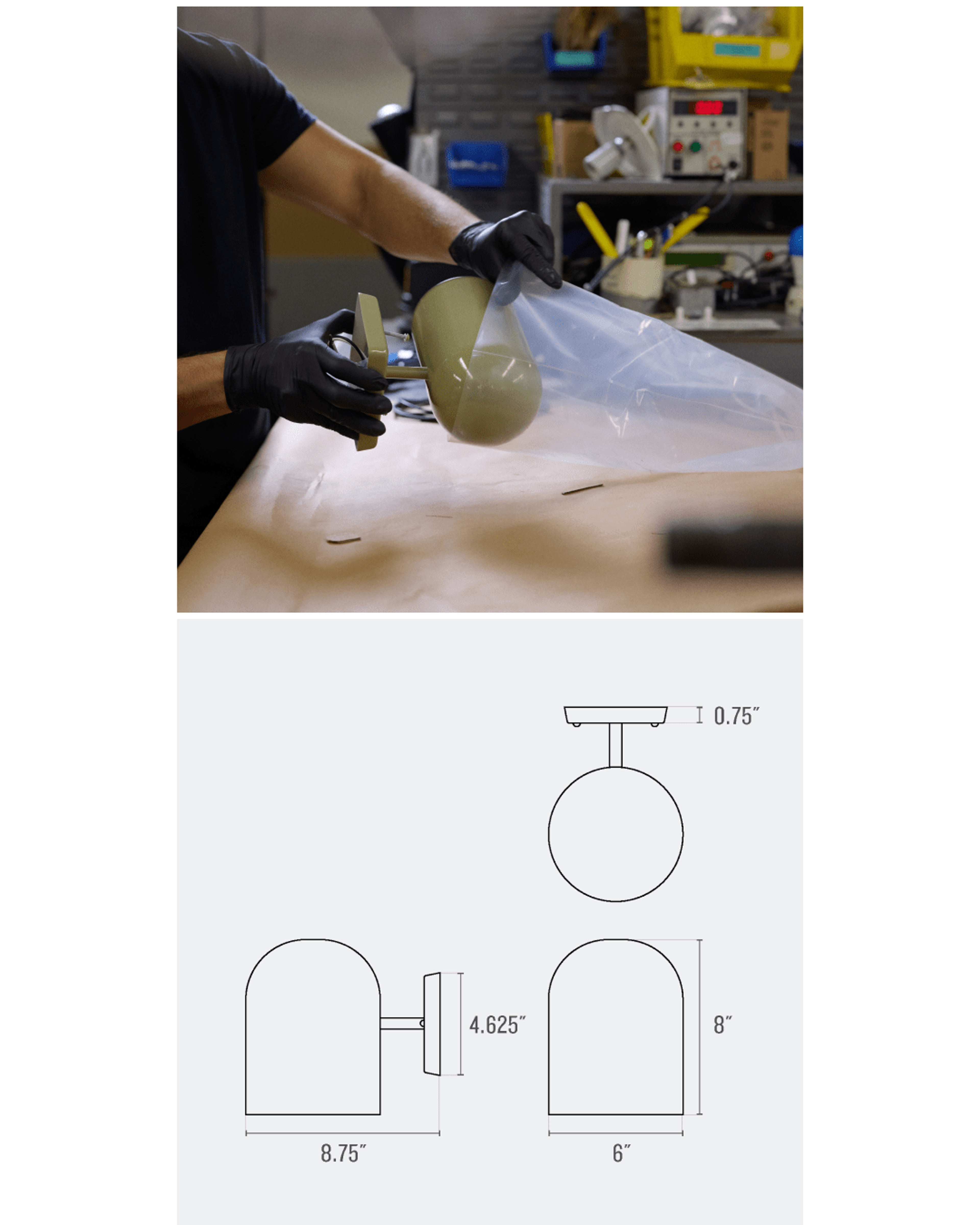 Line drawing of sconce and factory employee packaging sage green sconce