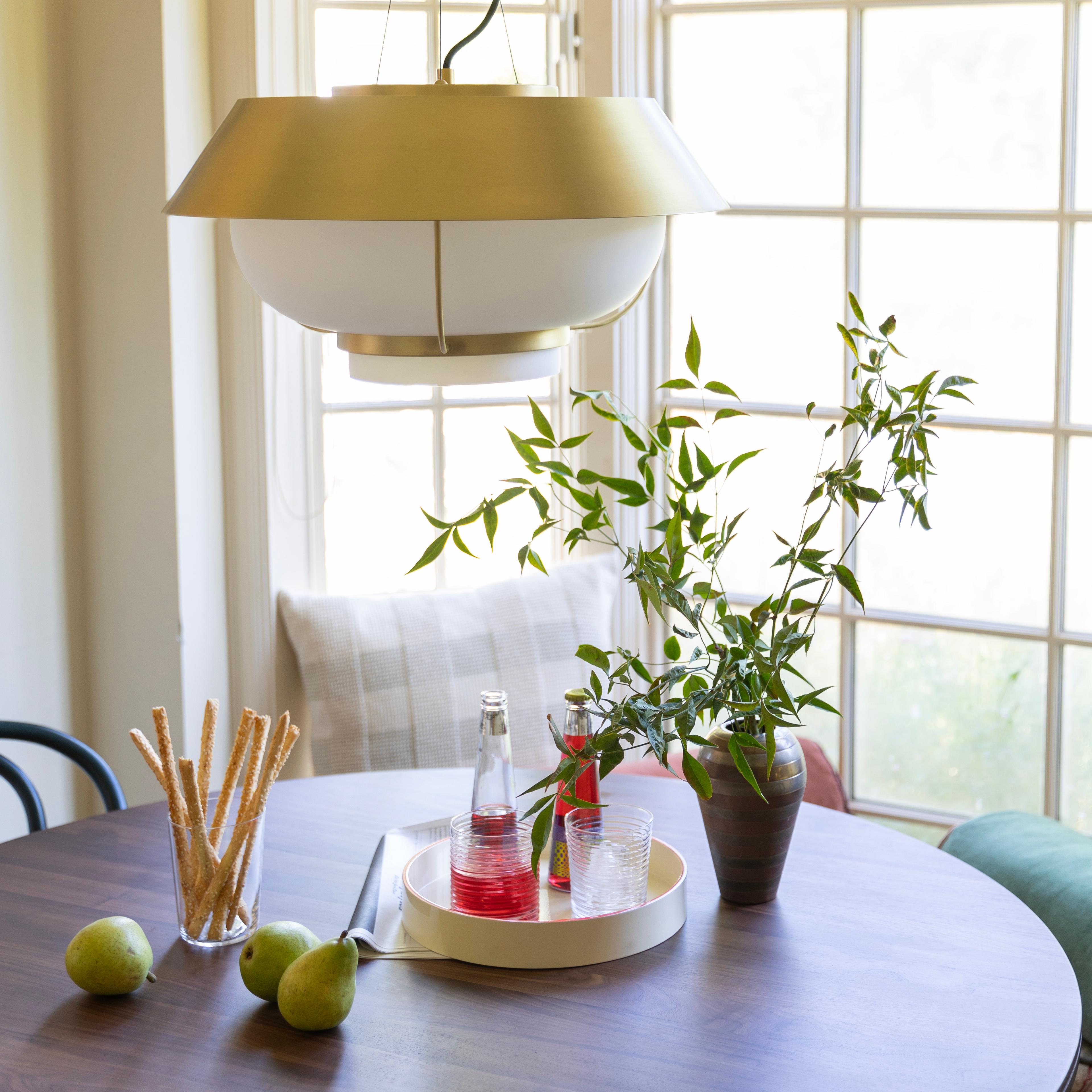 Close-up of pendant hanging over dining table. 