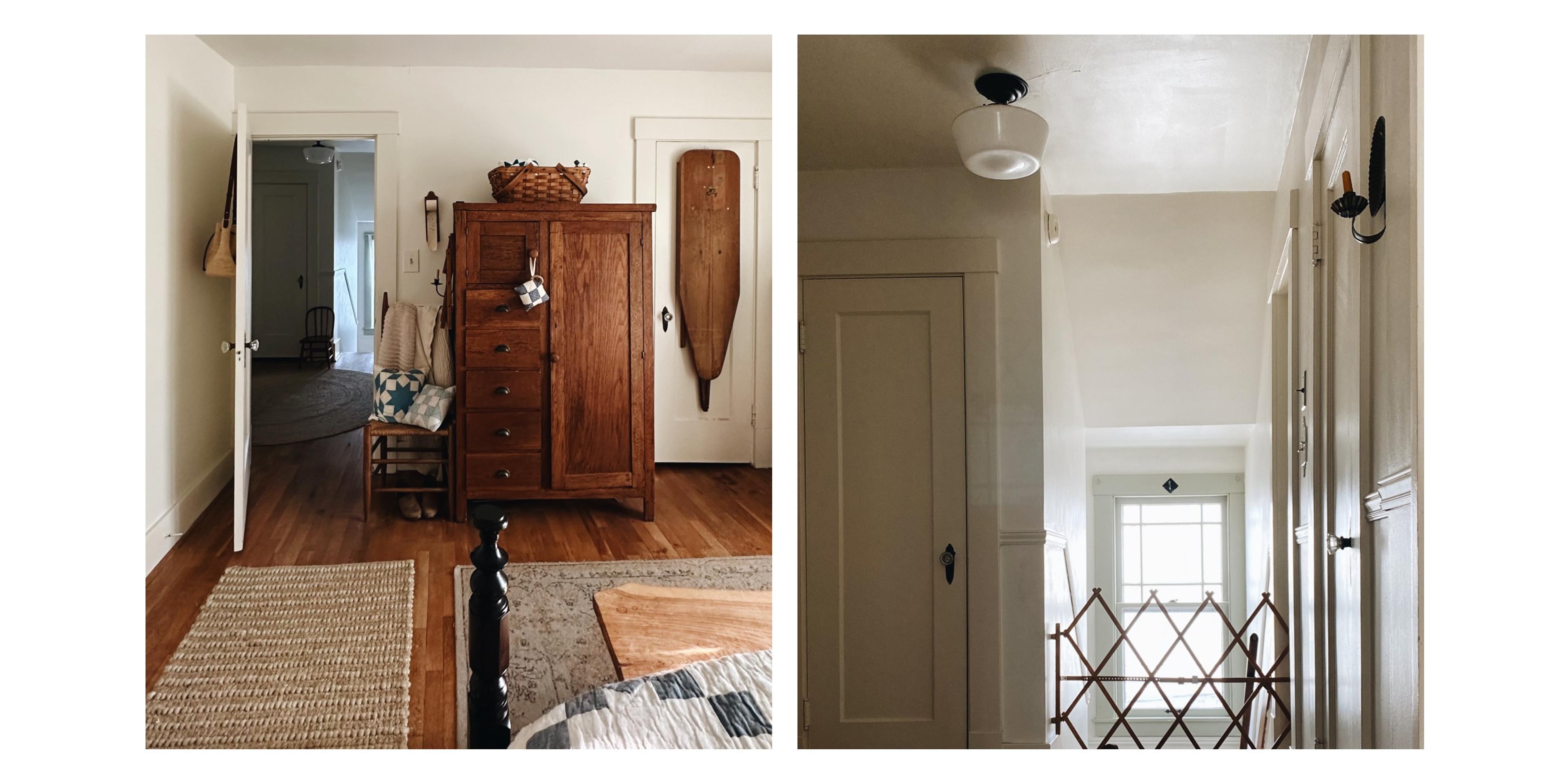 Bedroom with wooden wardrobe and hallway with surface mount with glass opal drum shade