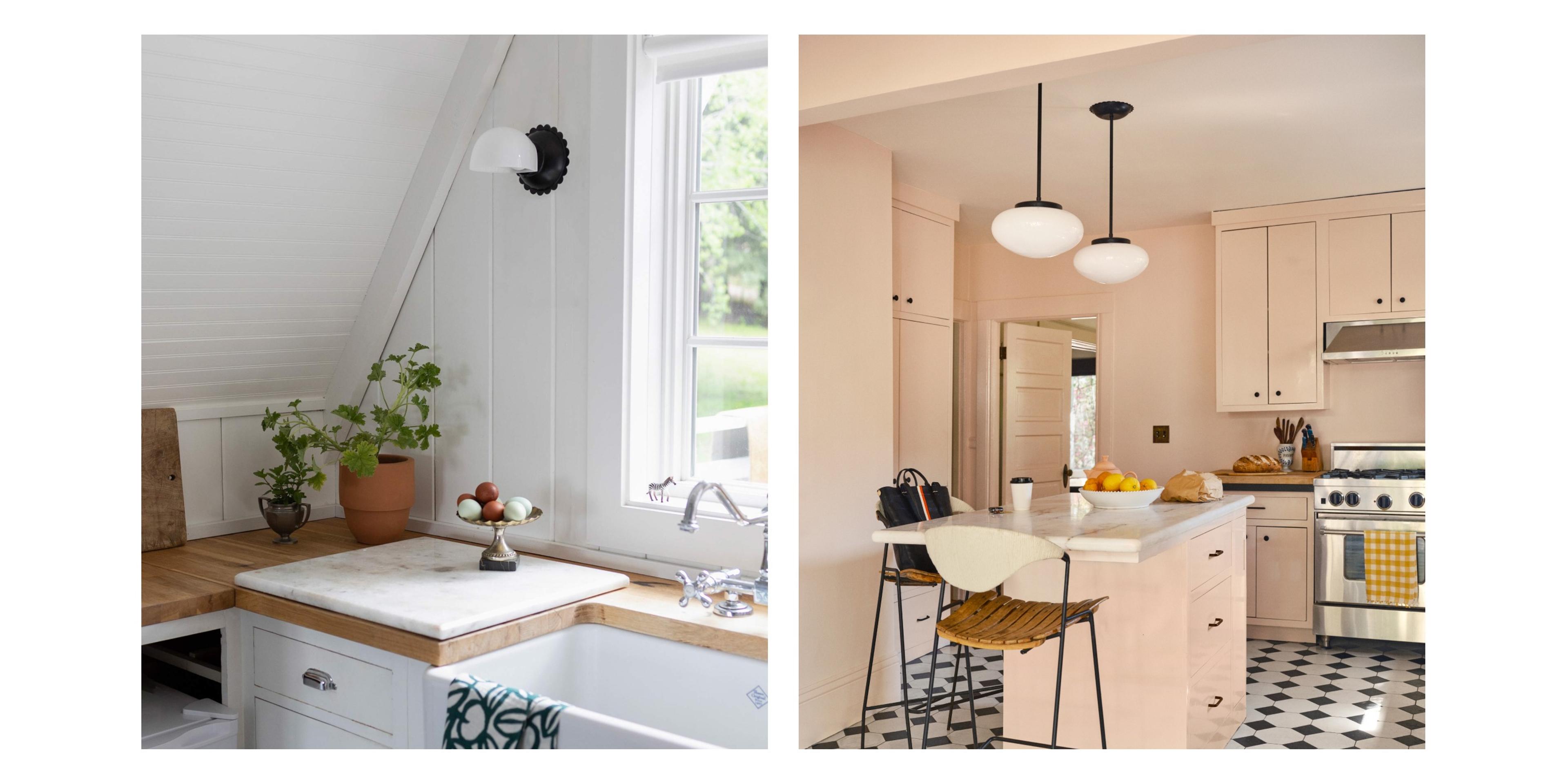 Kitchen with black light fixtures with scalloped edges and opal glass shade