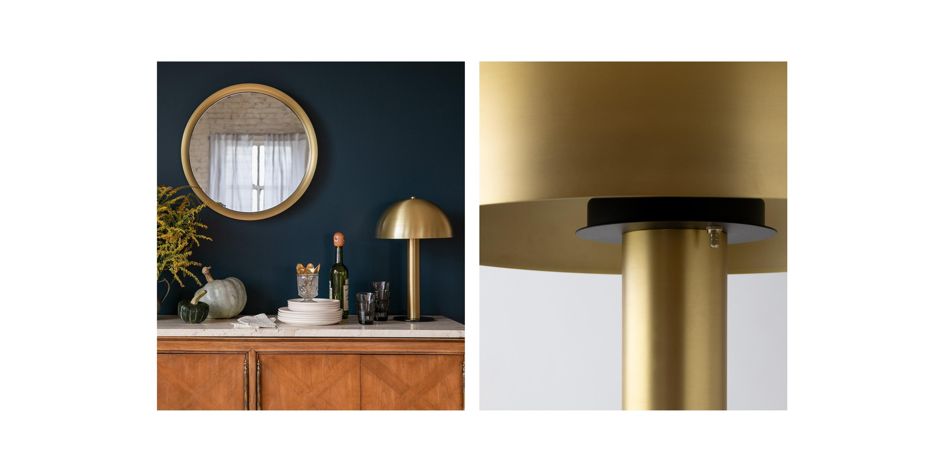 Brass mushroom lamp on marble top sideboard