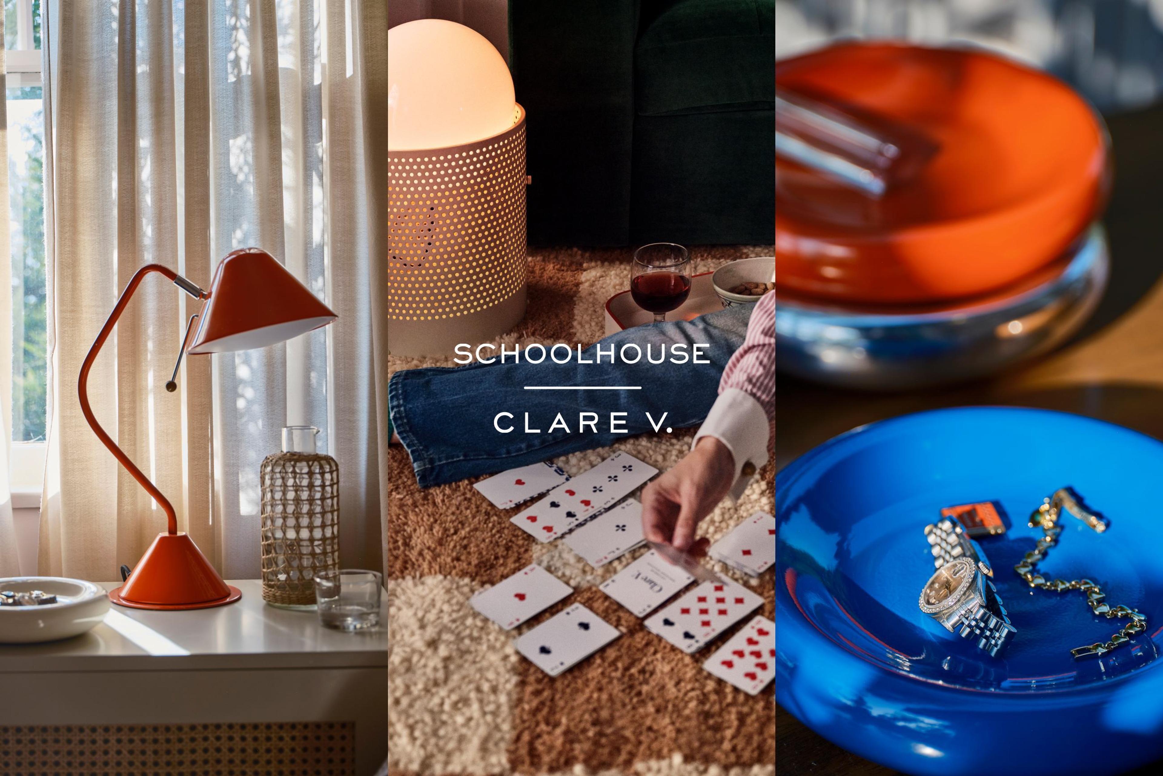 3 adjacent images consisting of a red lamp on a desk with sunlit beige curtains behind, playing cards on an alternating beige carpet, and a watch and bracelet on a sunlit blue plate, all overlaid with the text "Schoolhouse | Clare V."