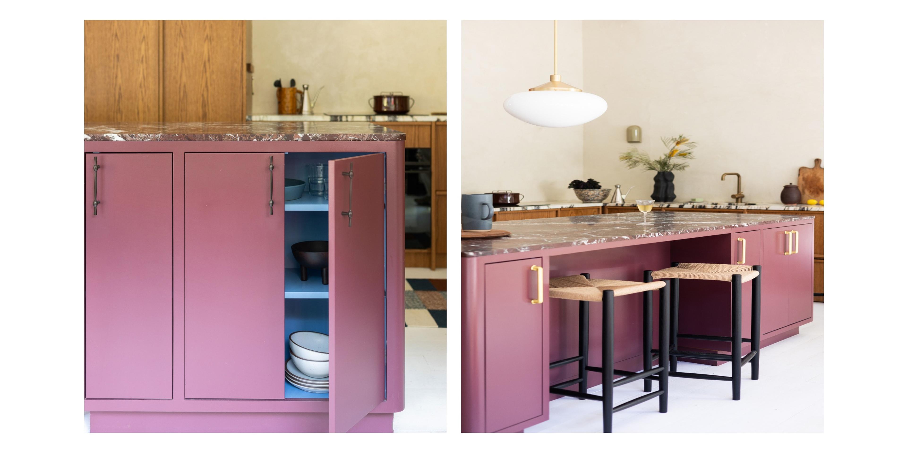 Purple cabinet with brass hardware.