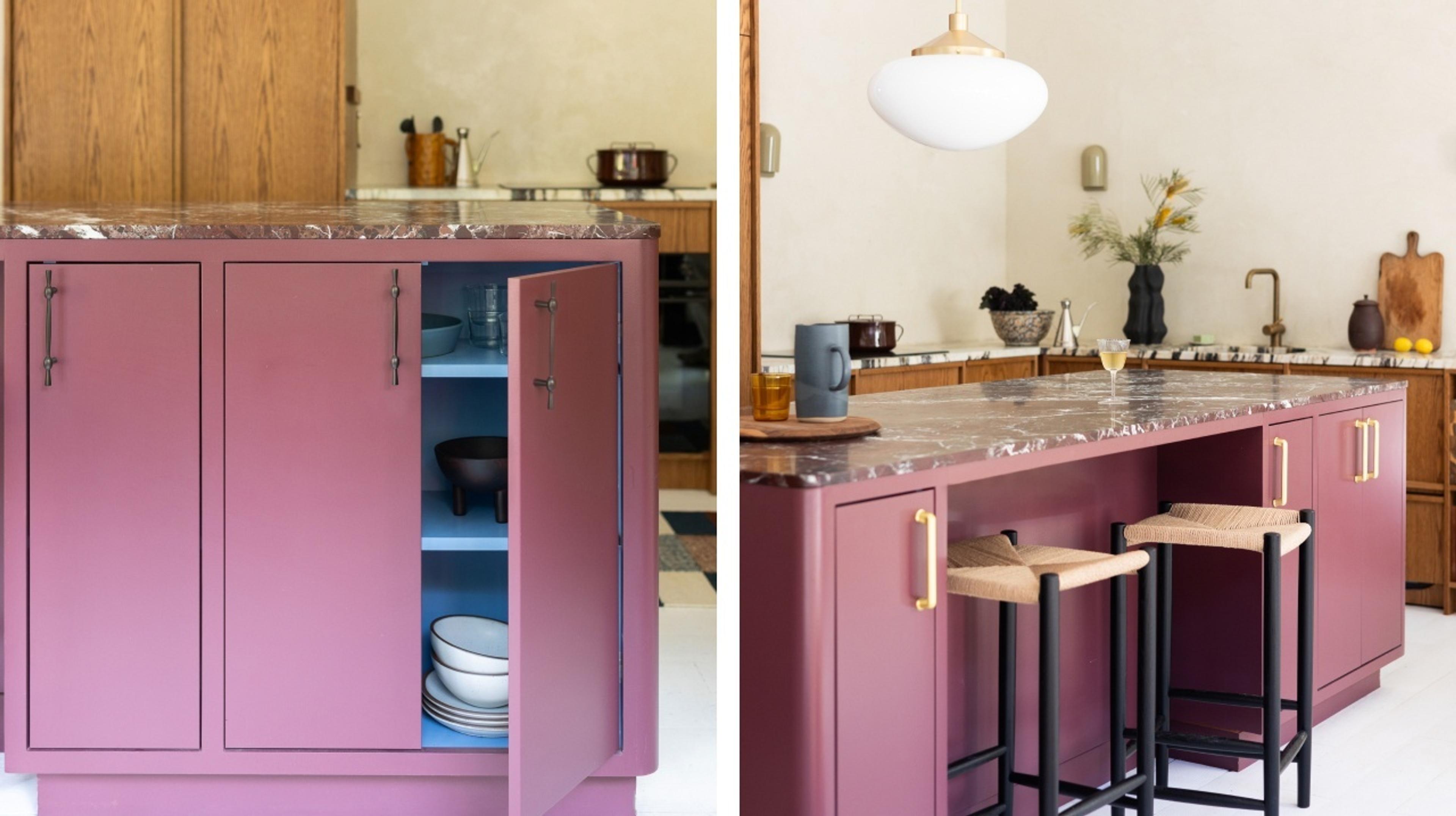 Purple cabinet with brass hardware.