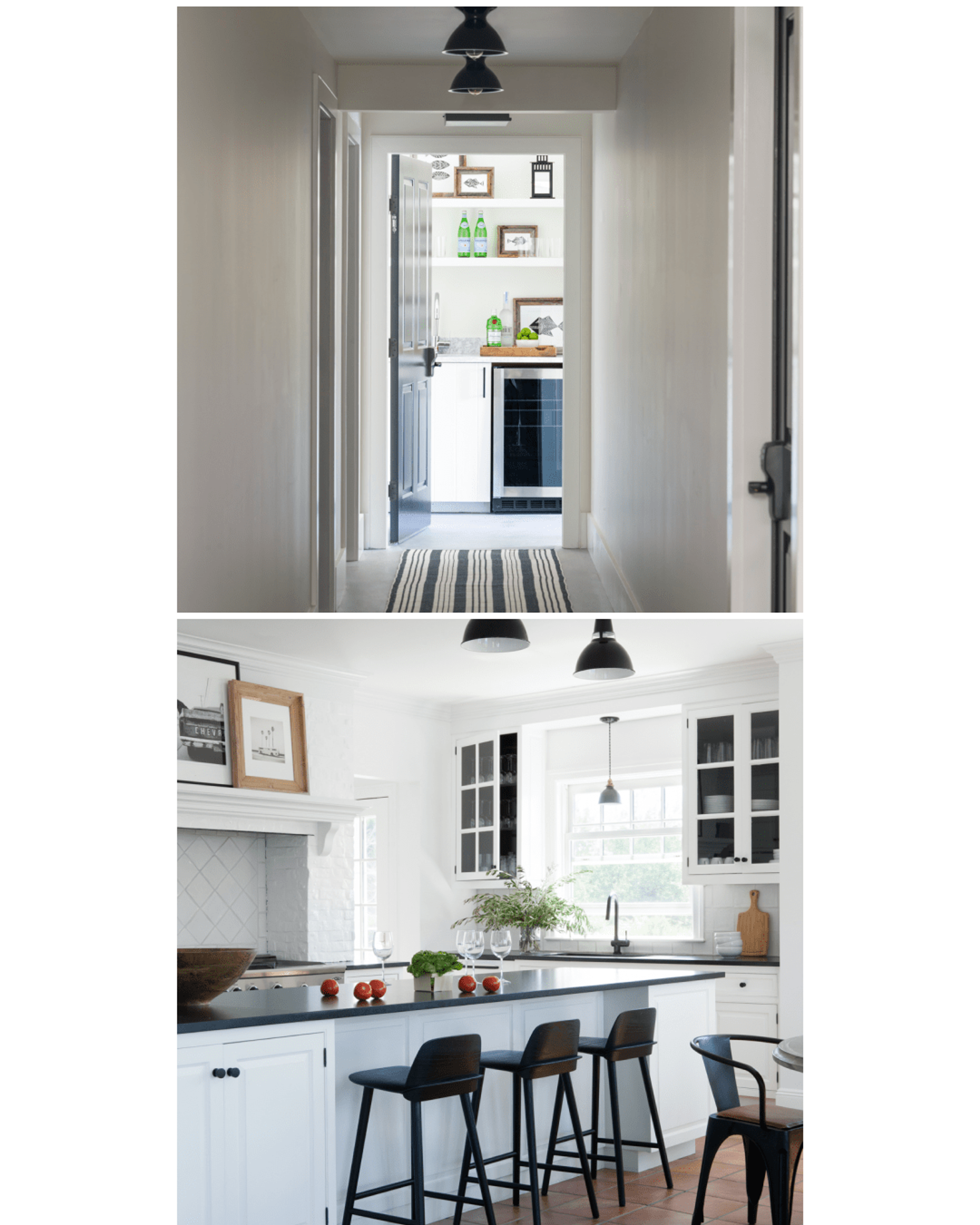 Modern coastal kitchen and hallway. 