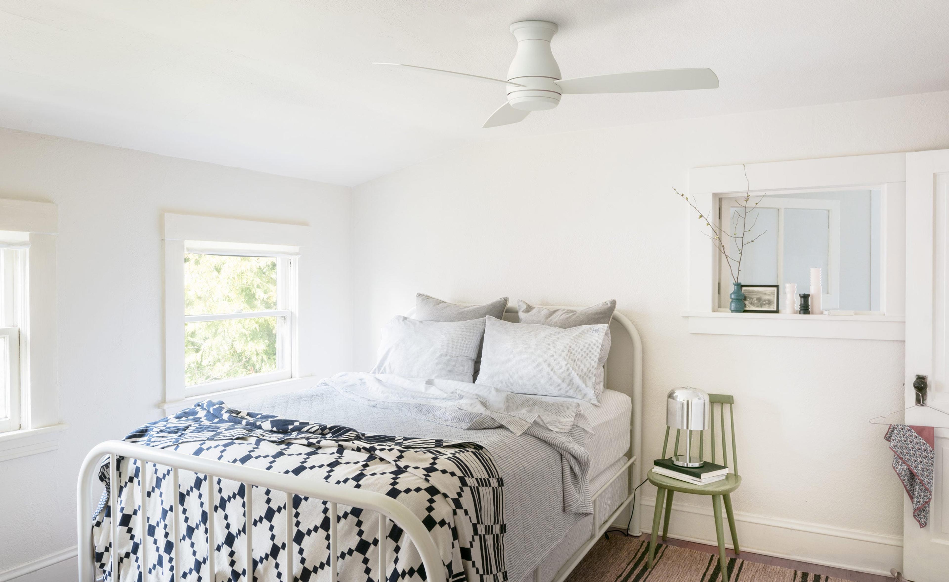 White Hugh 52&quot; LED ceiling fan in a small bedroom above a twin bed.