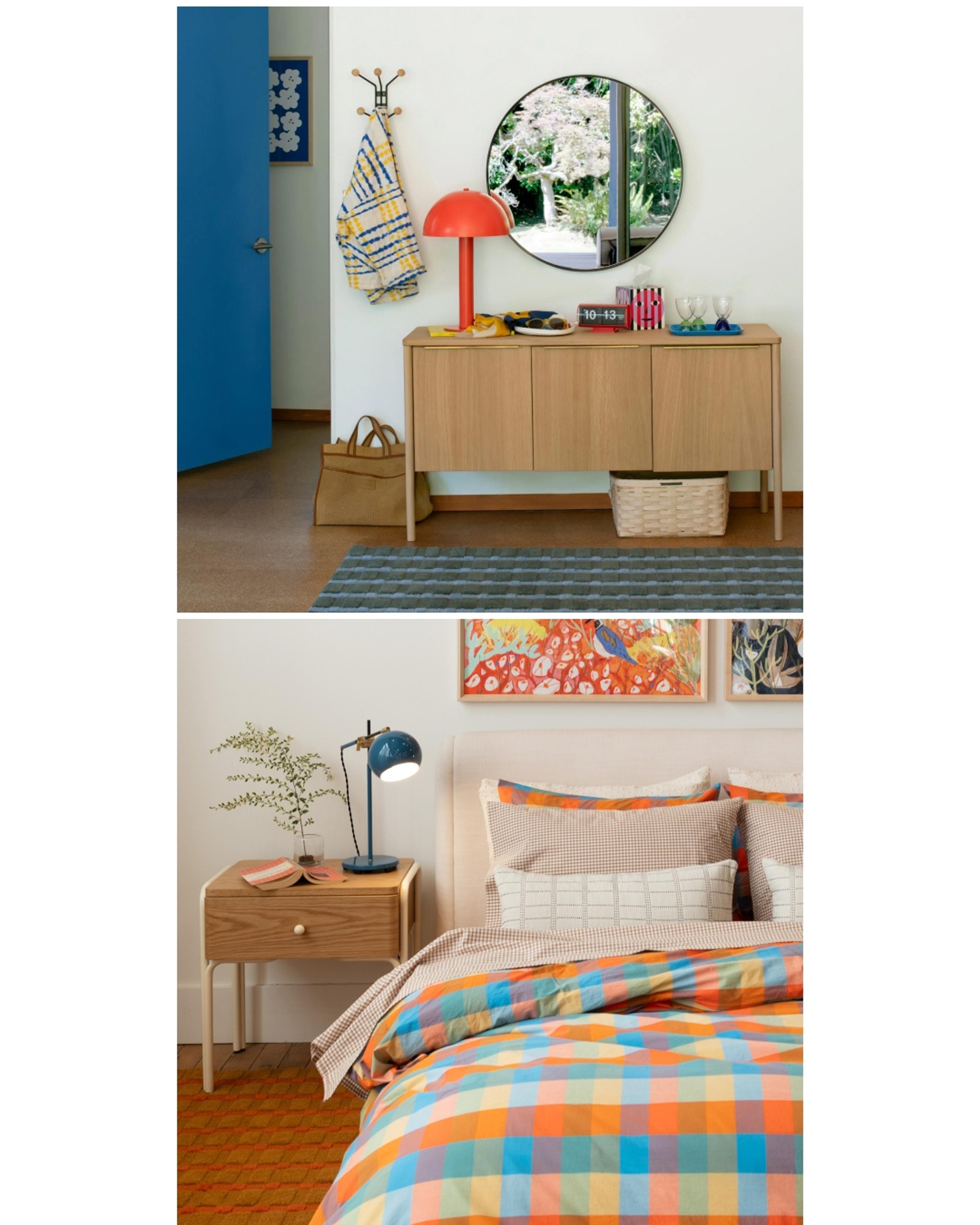 Blue and green runner in entryway with styled sideboard 
