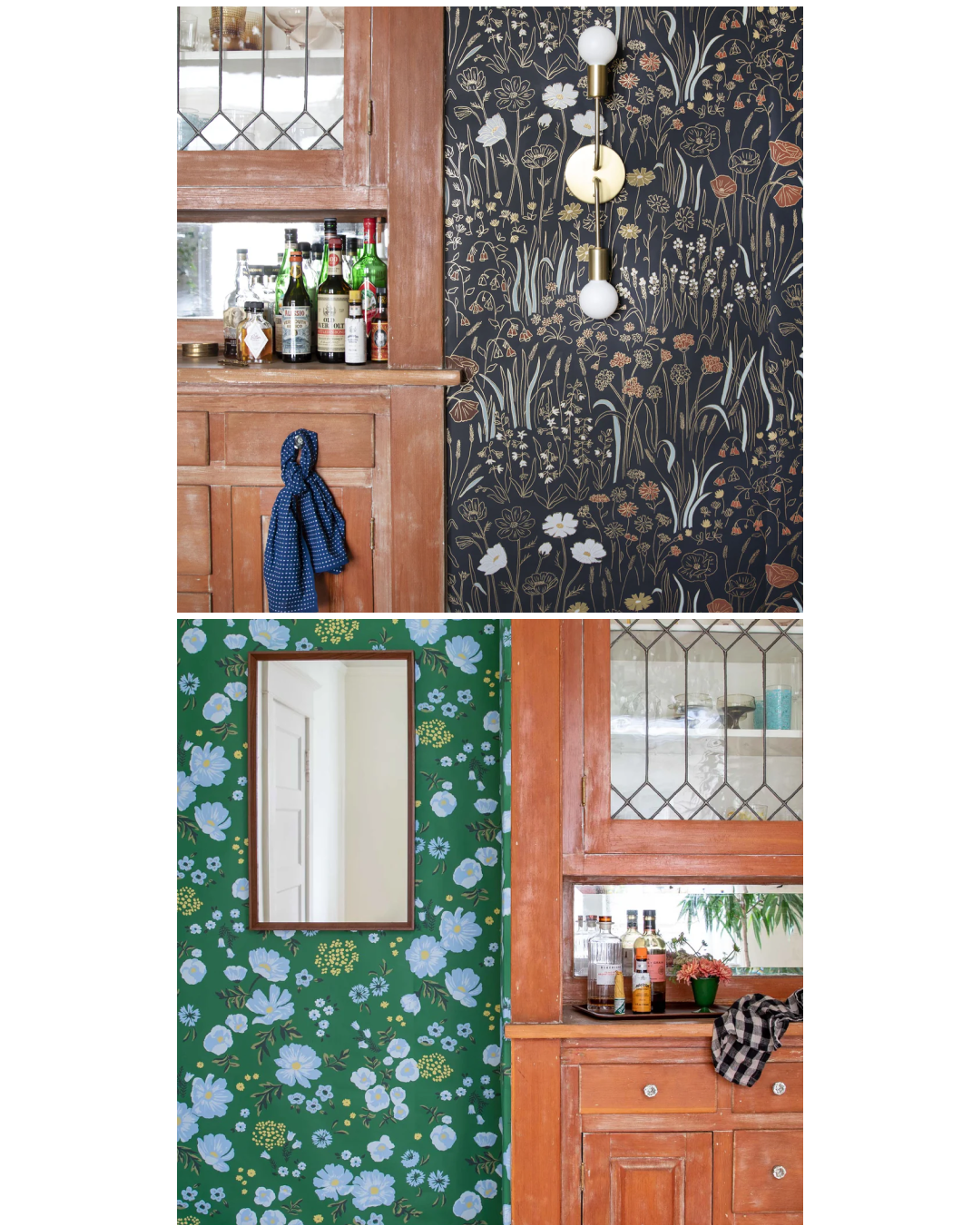 Built-in shelf with wallpaper wall next to it.