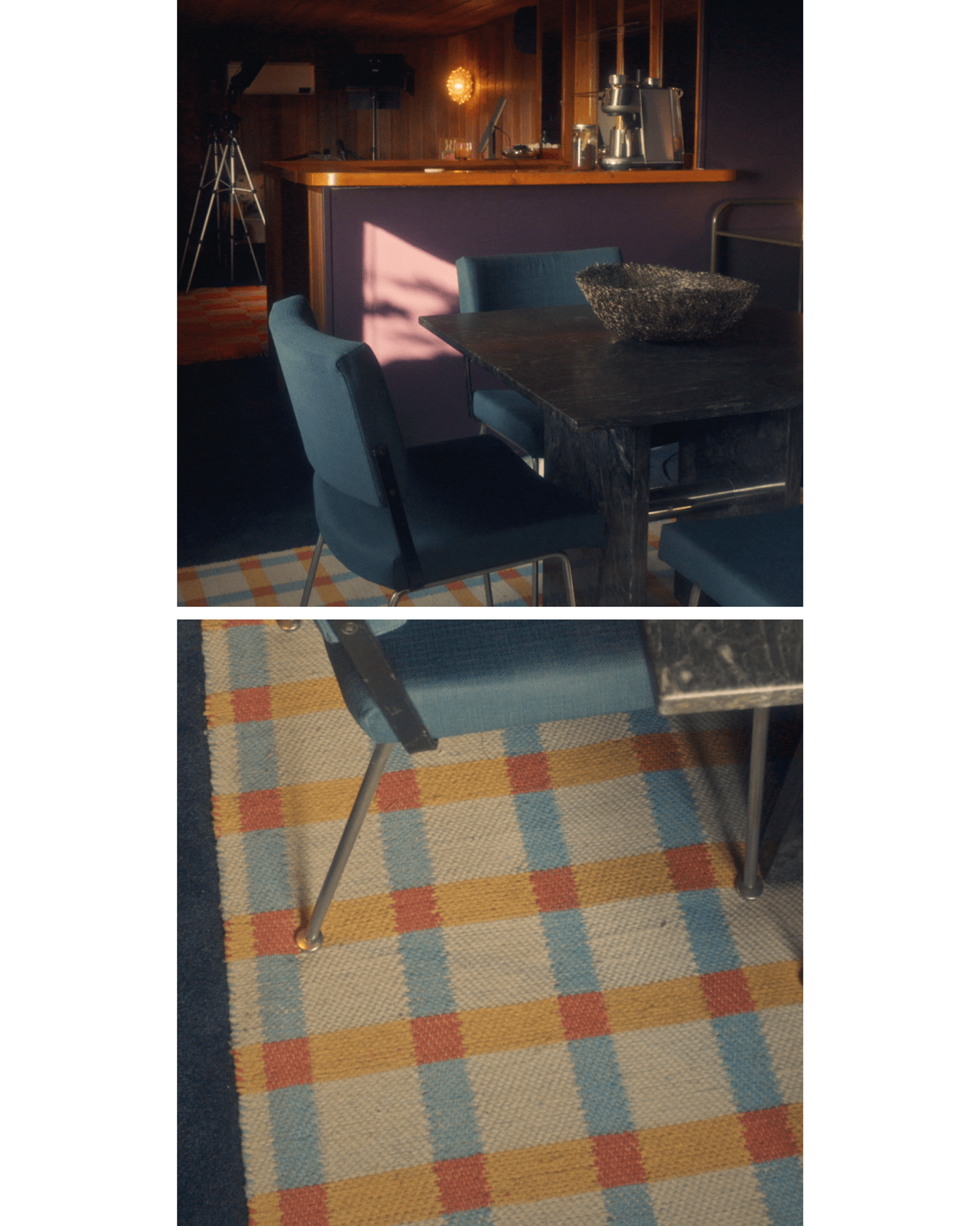 chairs and dining table and close up of rug under blue chair with metal legs