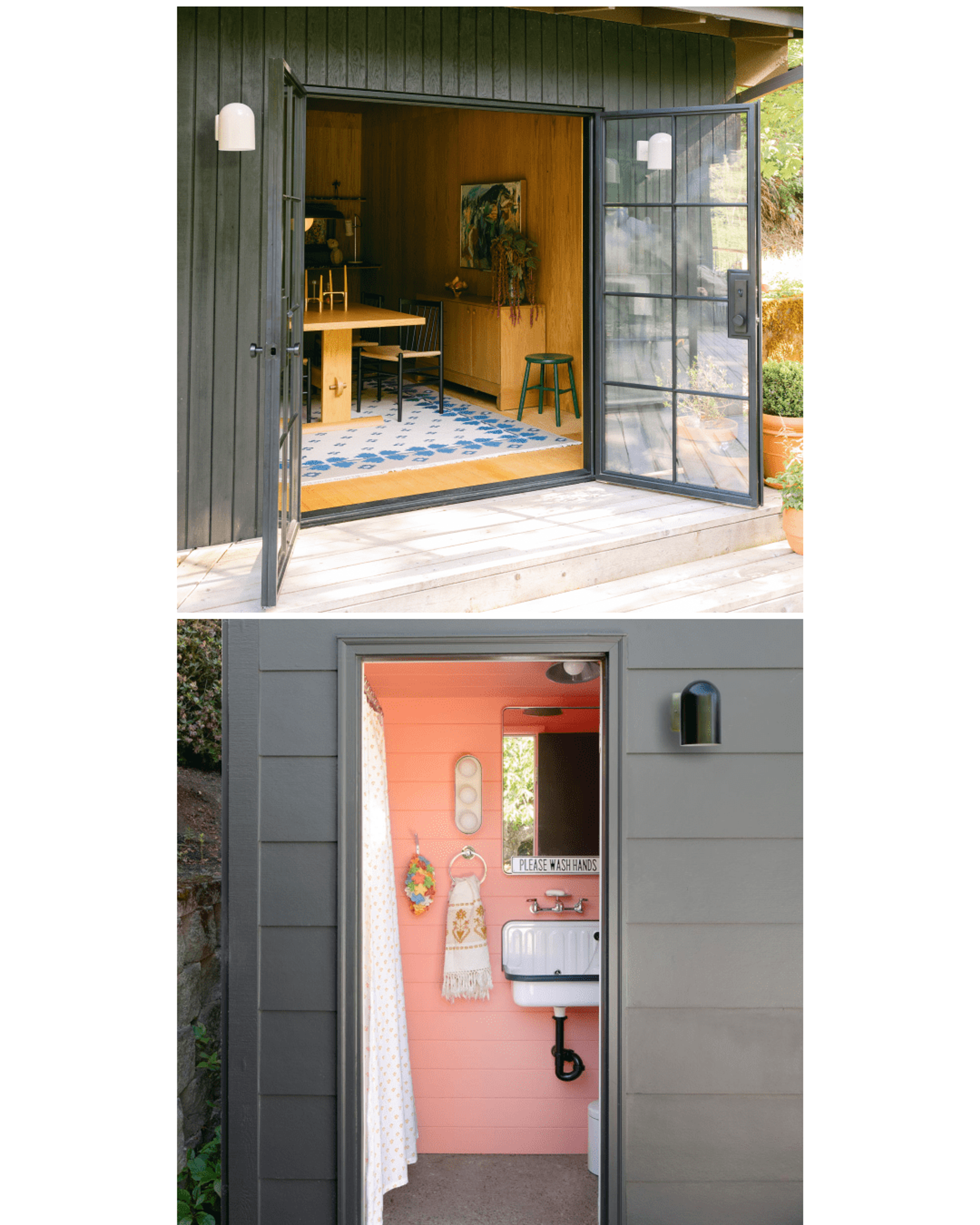 exterior of home with white sconces and exterior of outdoor bathroom with black sconce