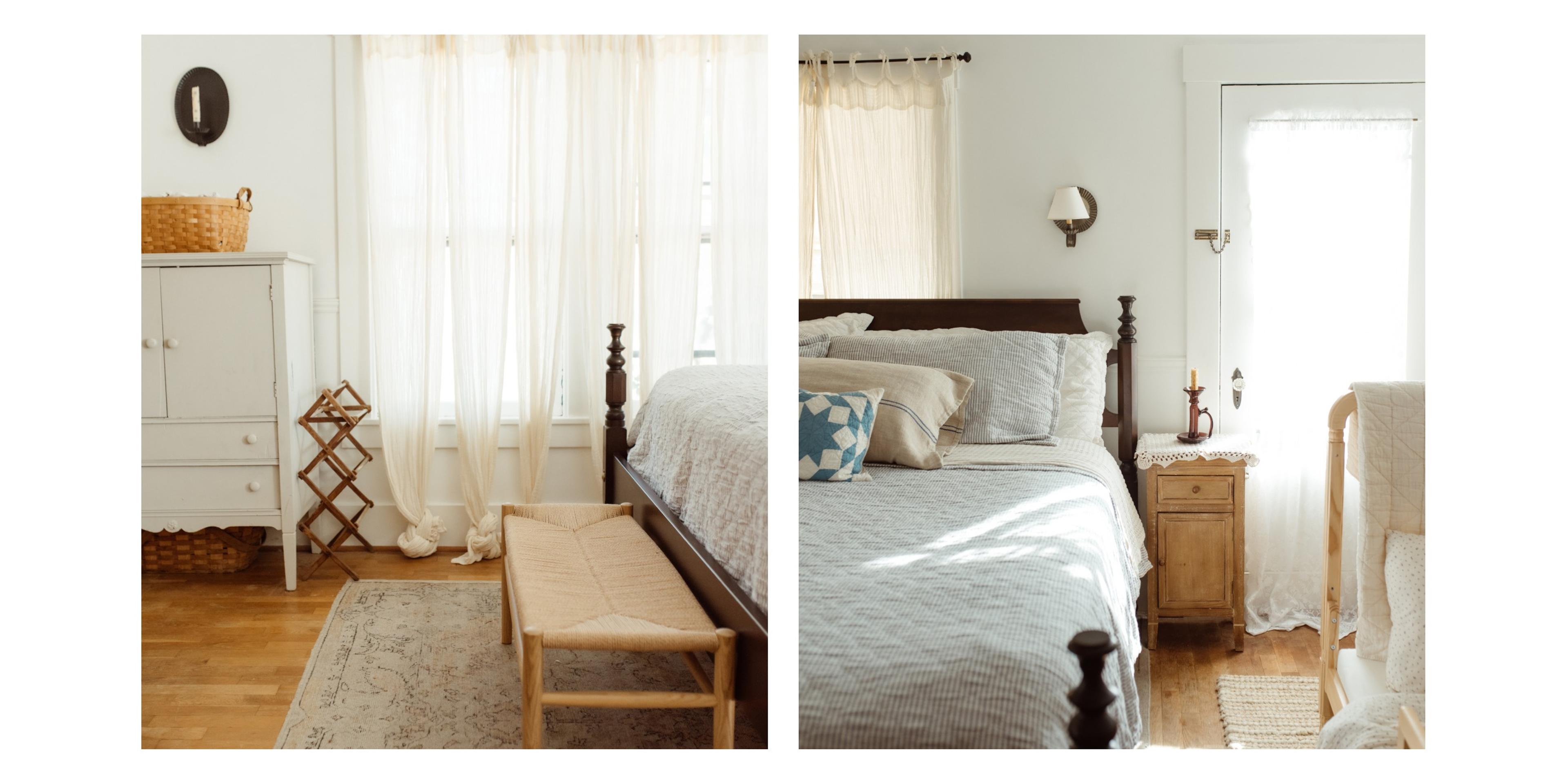 Primary bedroom with woven bench at foot of bed