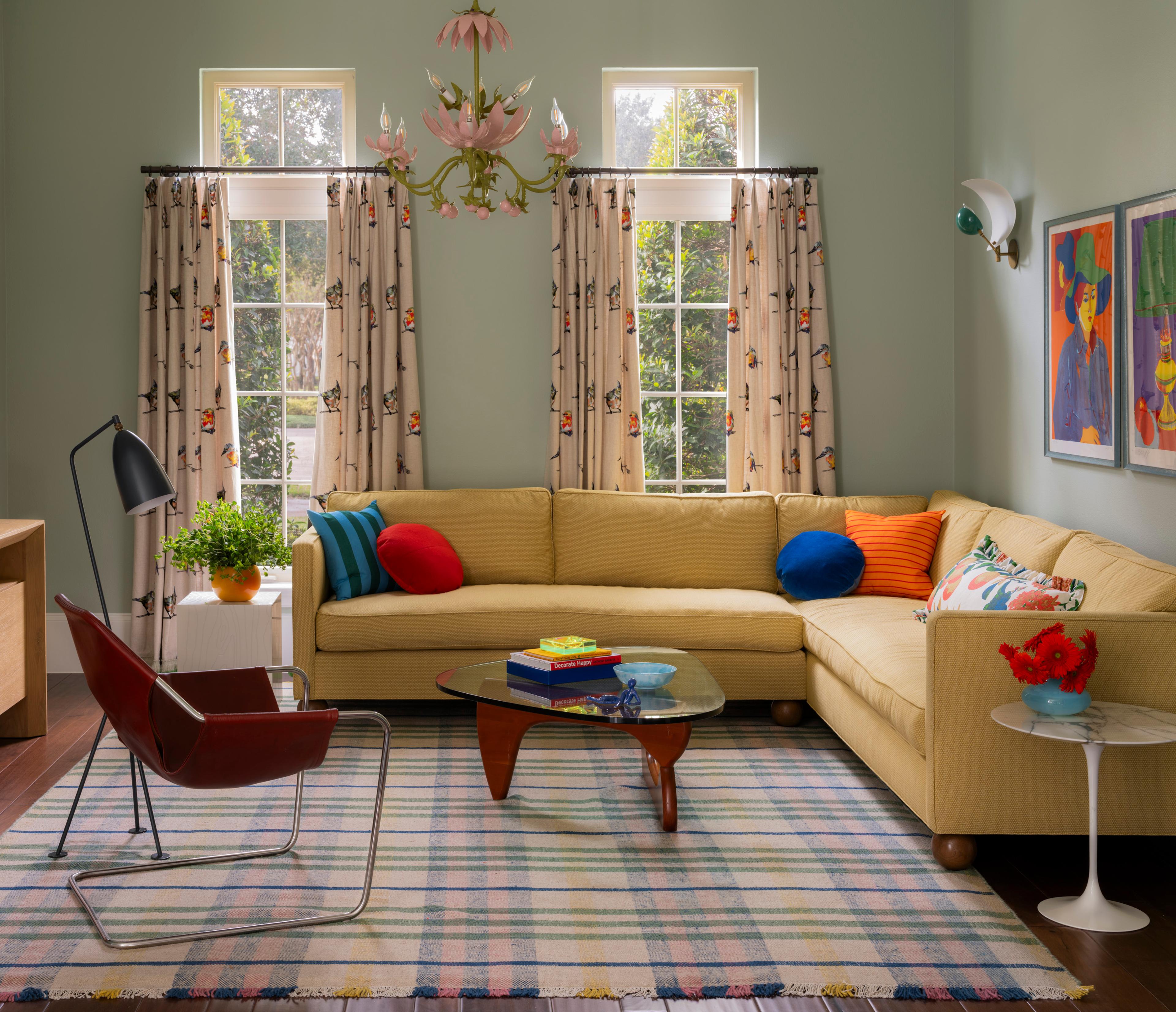 Fun family/ living room, blue sofa with colorful pillows