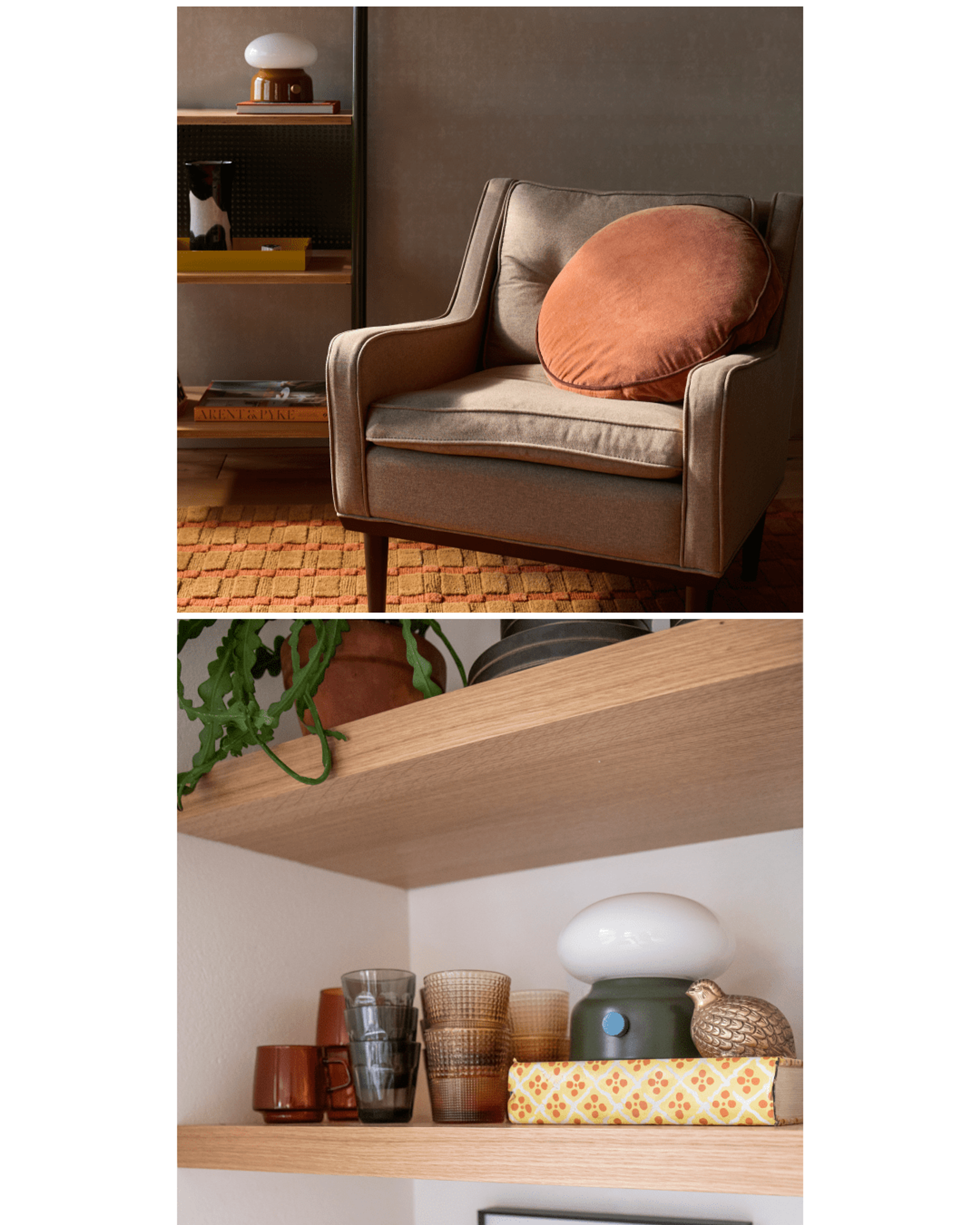 reading corner with beige chair and velvet circle pillow and green lamp on shelf with books and decor